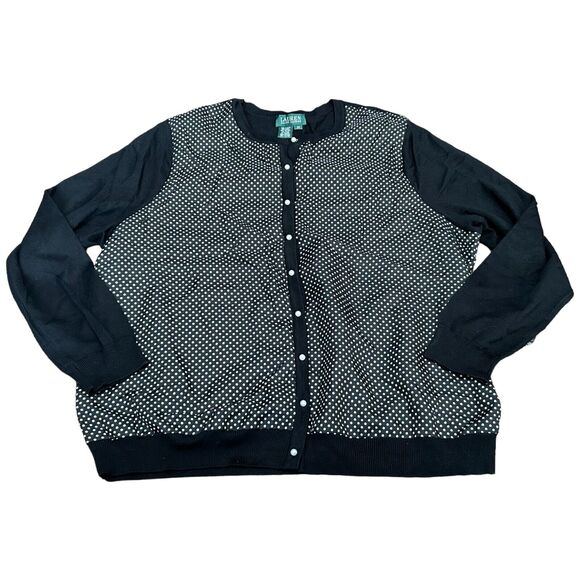 Lauren Ralph Lauren Cardigan Sweater Womens 2X Black Polka Dot Silk Button Front - Picture 1 of 10